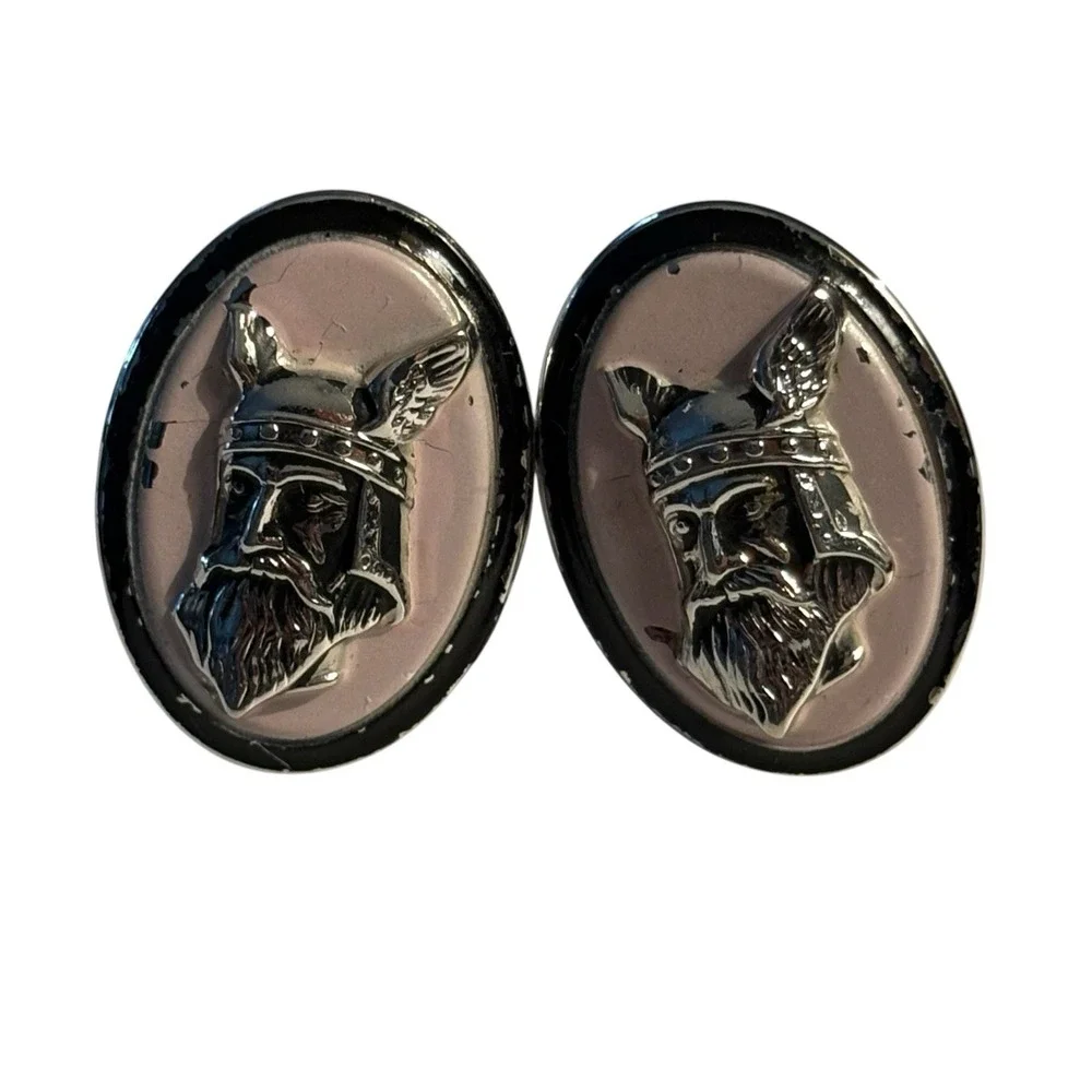 Swank Knight Pink Enamel Cufflinks Oval Silver Tone Soldier Warrior Vintage READ